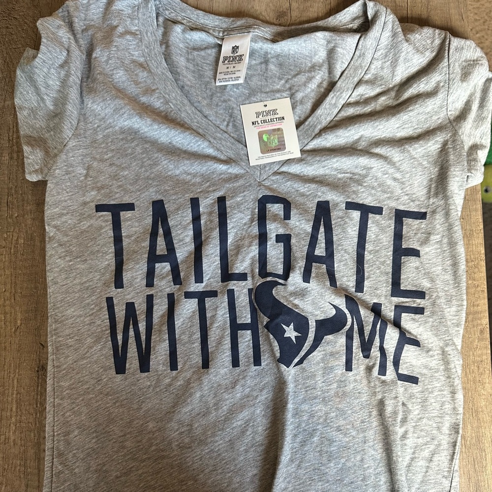 PINK Victoria's Secret Gray Tee with Pink and Navy Text Texans